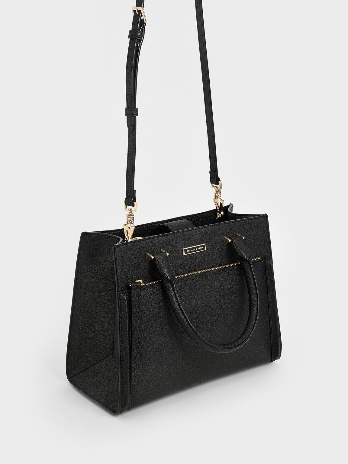 Double Handle Front Zip Tote, Black, hi-res