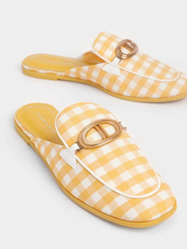 Metallic Accent Linen Gingham-Print Loafer Mules, Yellow, hi-res
