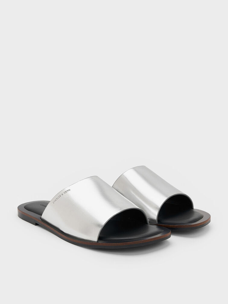 Metallic Wide-Strap Slide Sandals, Silver, hi-res
