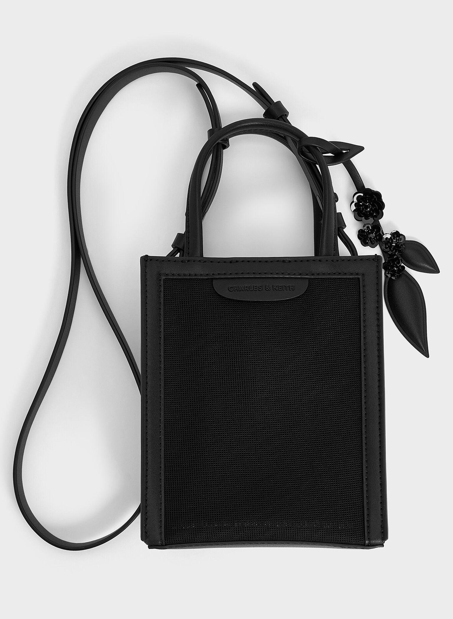 Bolso tote alargado Malla con lentejuelas y flores, negro azabache, hi-res