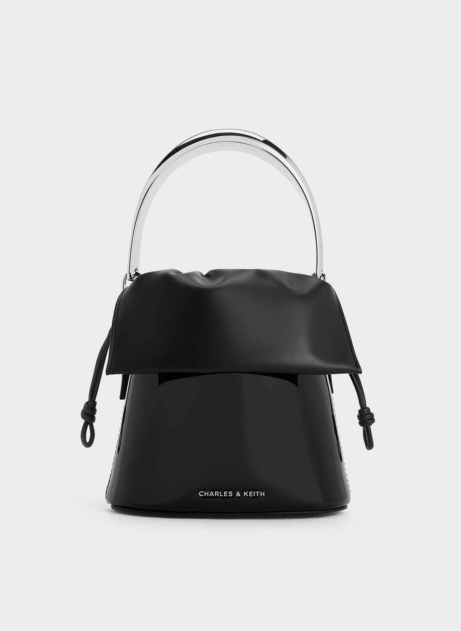 Patent Ruched-Flap Drawstring Bucket Bag, Noir, hi-res