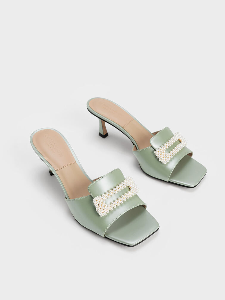 Beaded Leather Square-Toe Mules, Green, hi-res