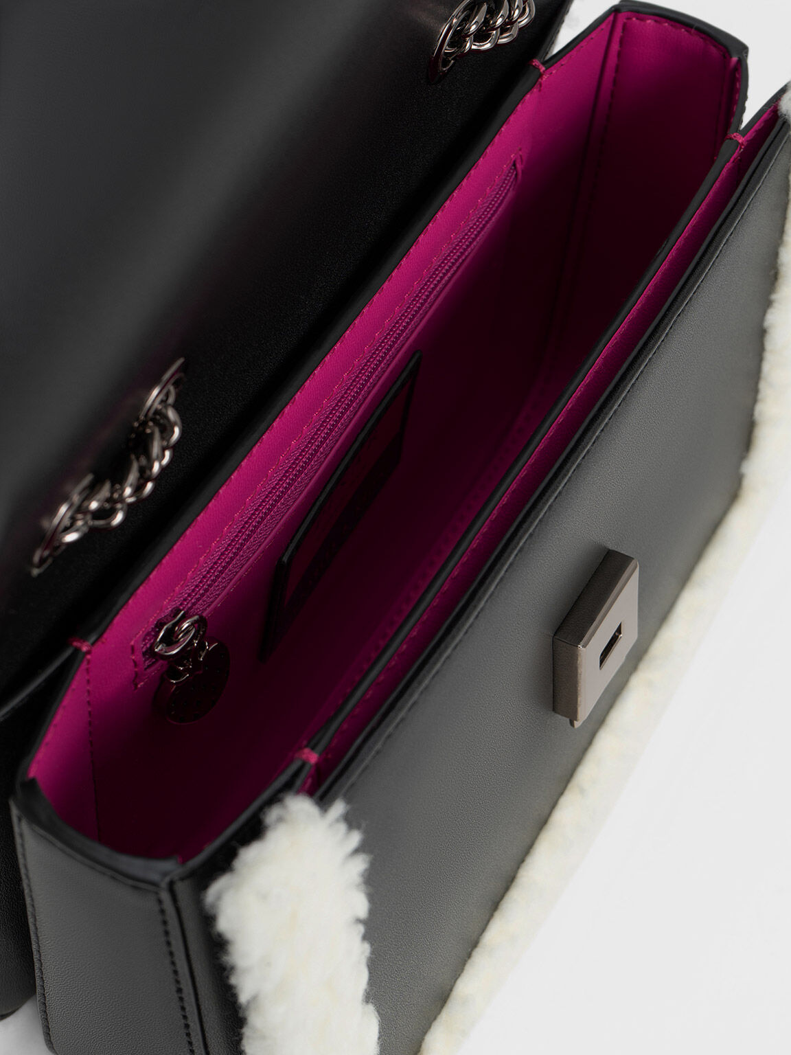 Lotso Fur-Trim Front Flap Bag, Black, hi-res