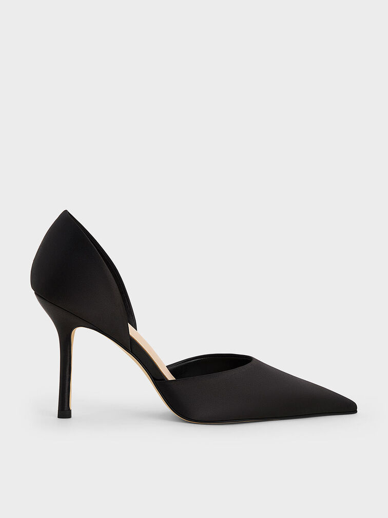 Satin Pointed-Toe D'Orsay Pumps, Black Textured, hi-res