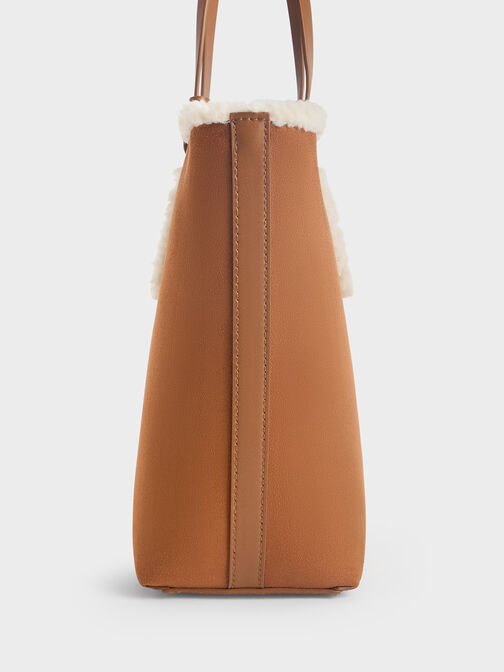 Noelle Faux Suede Fur-Trim Tote Bag, Brown, hi-res