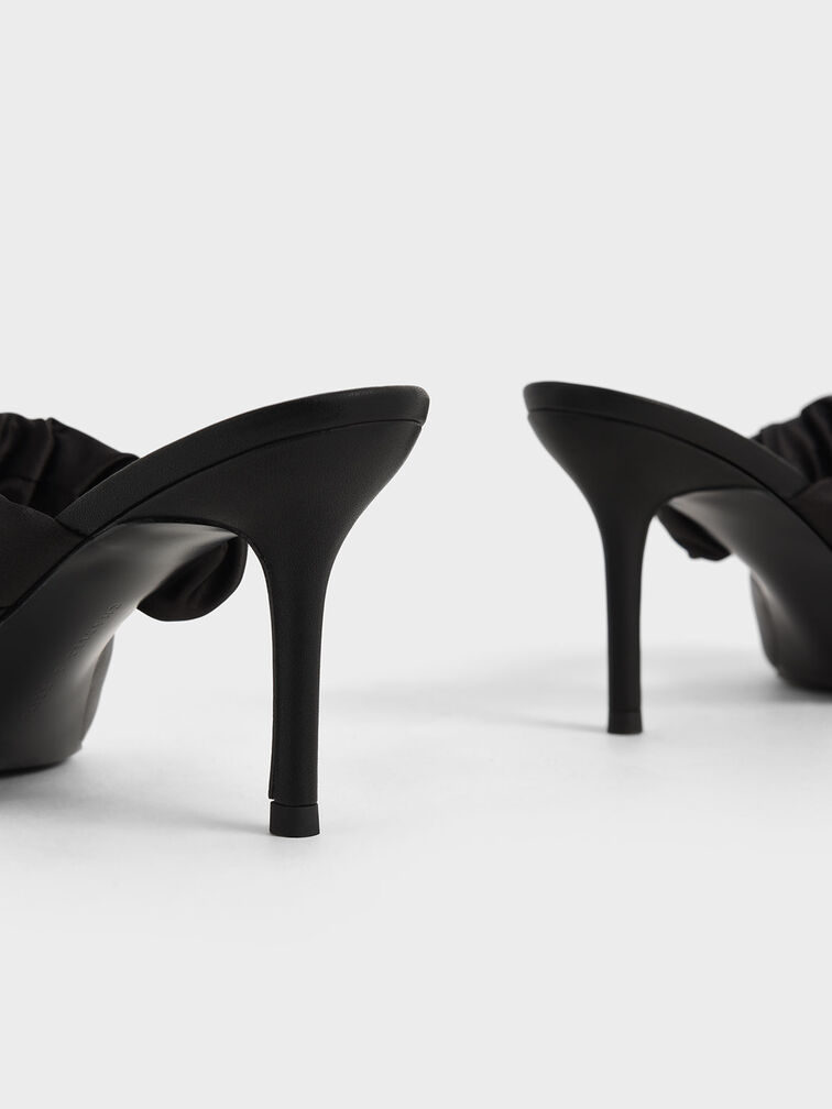 Ruched Satin Strap Mules, Black, hi-res