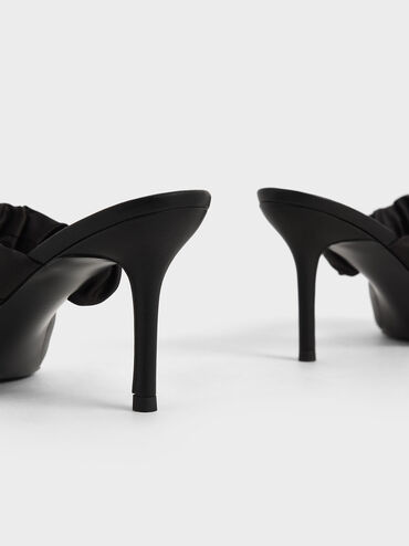 Ruched Satin Strap Mules, Black, hi-res