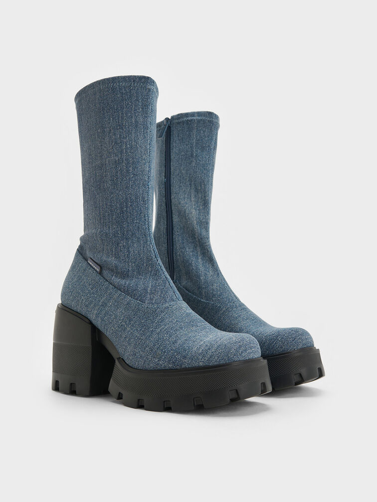 Denim Side-Zip Platform Calf Boots, Azul mezclilla, hi-res