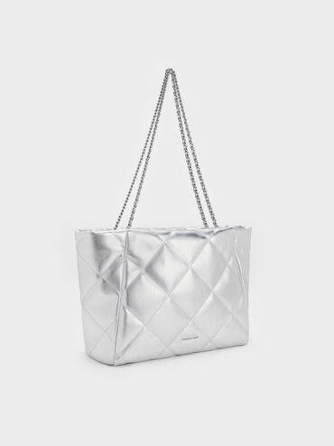 Apfra Metallic Quilted Chain-Handle Tote Bag, Silver, hi-res