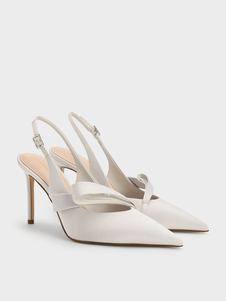 Satin Pleated-Strap Slingback Pumps, Light Grey, hi-res
