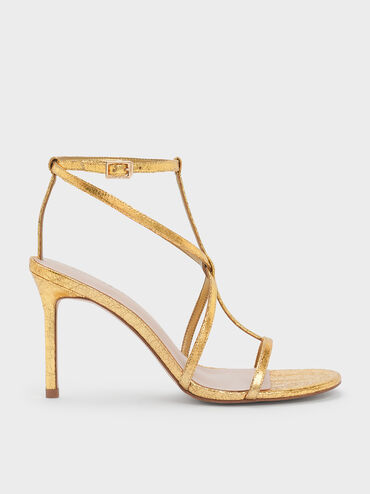 Metallic Crinkle-Effect Strappy Stiletto-Heel Sandals, Dorado, hi-res