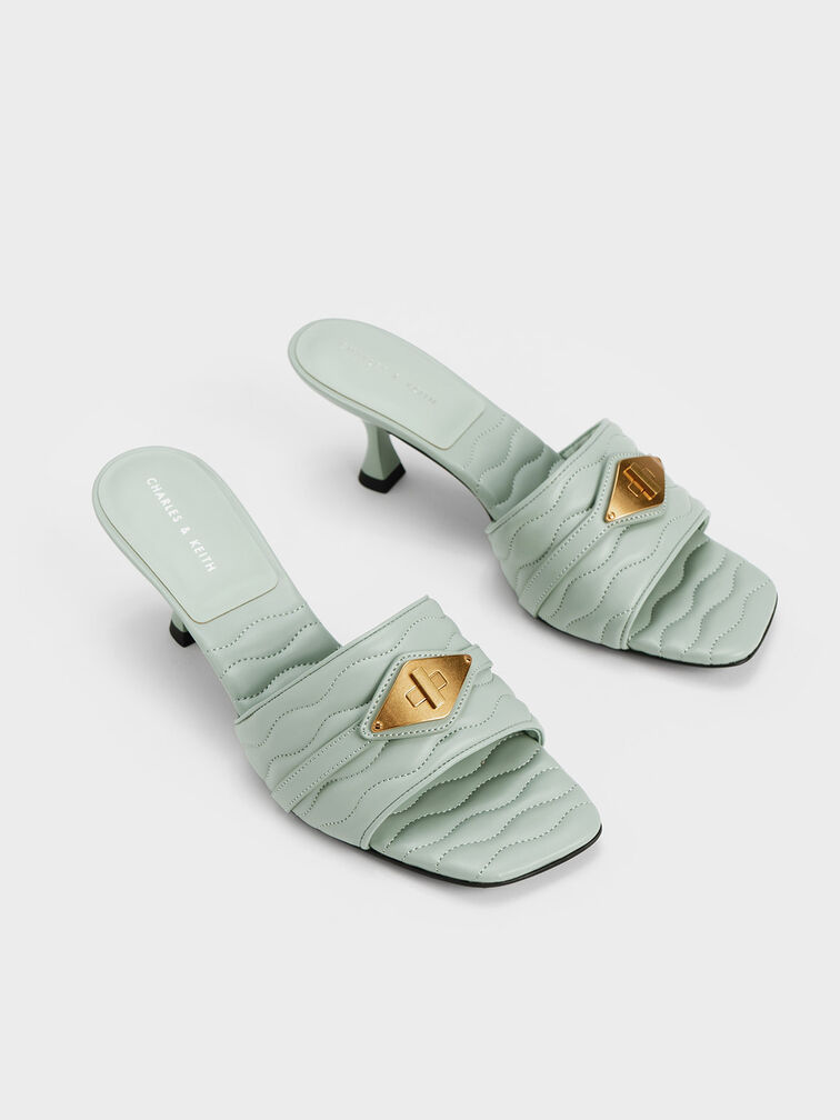 Metallic Accent Padded Heeled Mules, Mint Green, hi-res