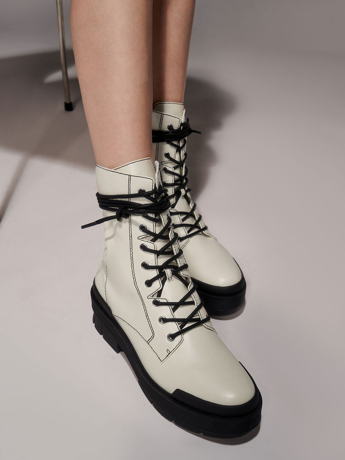 Stitch Detail Combat Boots, Chalk, hi-res