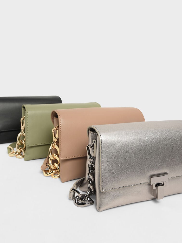 Leather Chain Strap Shoulder Bag, Sage Green, hi-res