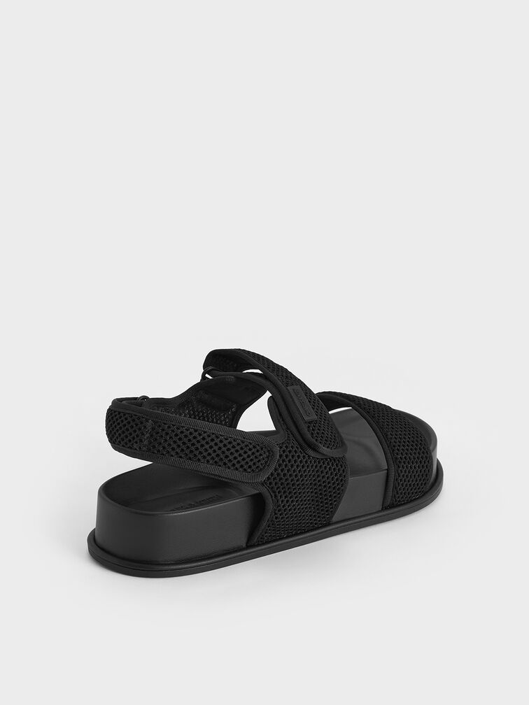 Mesh Double-Strap Slingback Sandals, Black Textured, hi-res