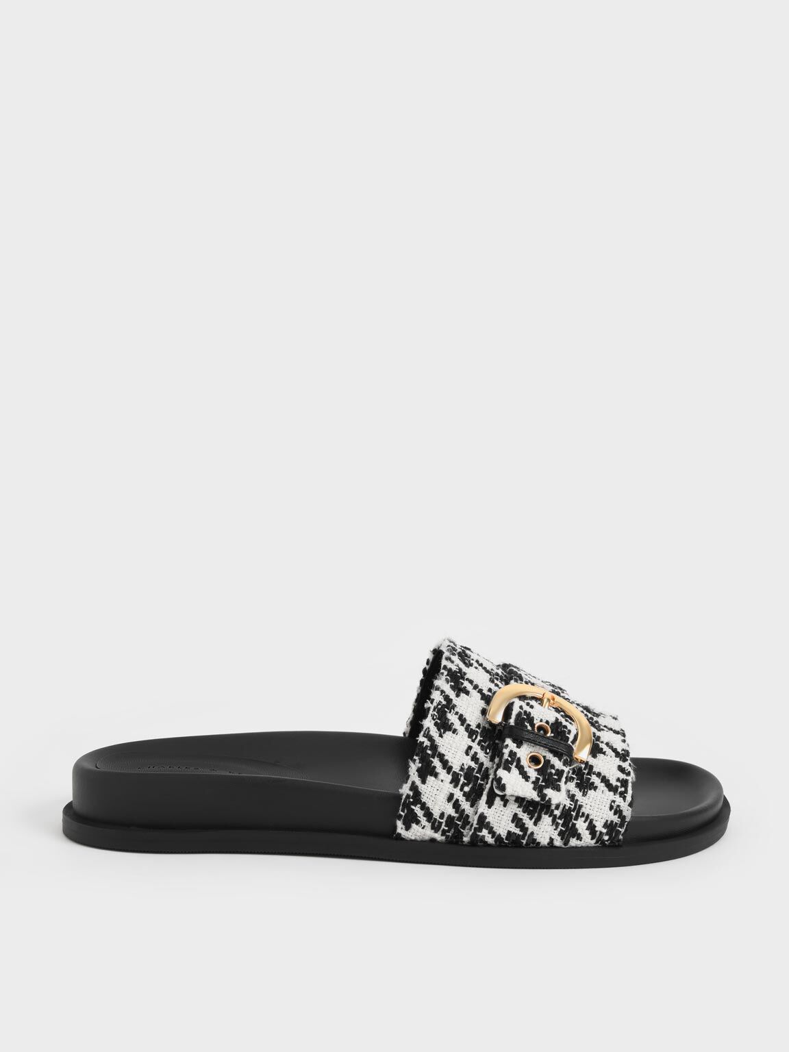 Houndstooth Studded Buckle Slide Sandals, Multi, hi-res