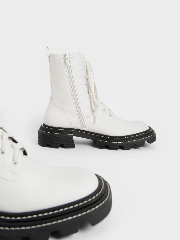 Lace-Up Chunky Ankle Boots, White, hi-res