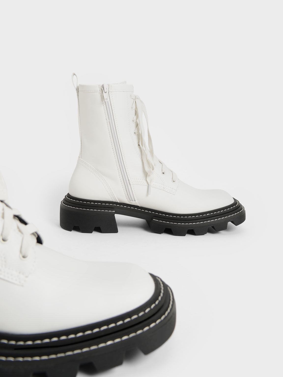 Lace-Up Chunky Ankle Boots, White, hi-res