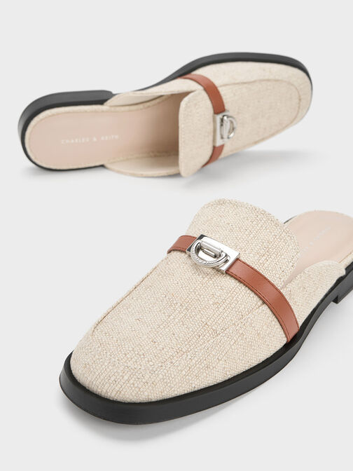 Metallic Accent Linen Loafer Mules, Beige, hi-res
