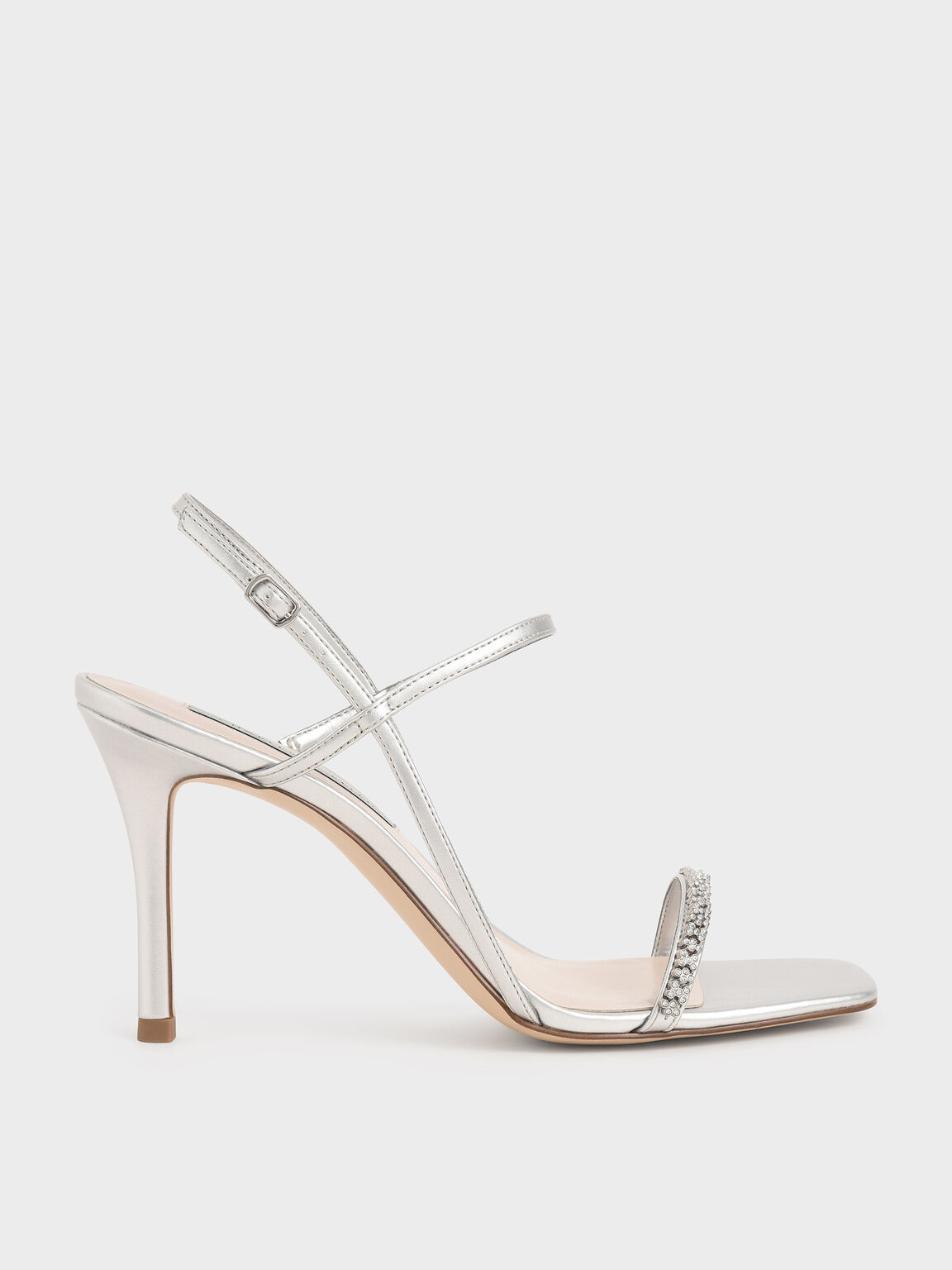 Gem-Embellished Strappy Sandals, Silver, hi-res