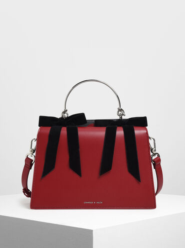 Velvet Bow Detail Top Handle Bag, Red, hi-res