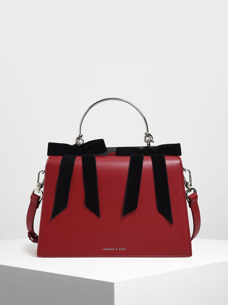 Velvet Bow Detail Top Handle Bag, Red, hi-res