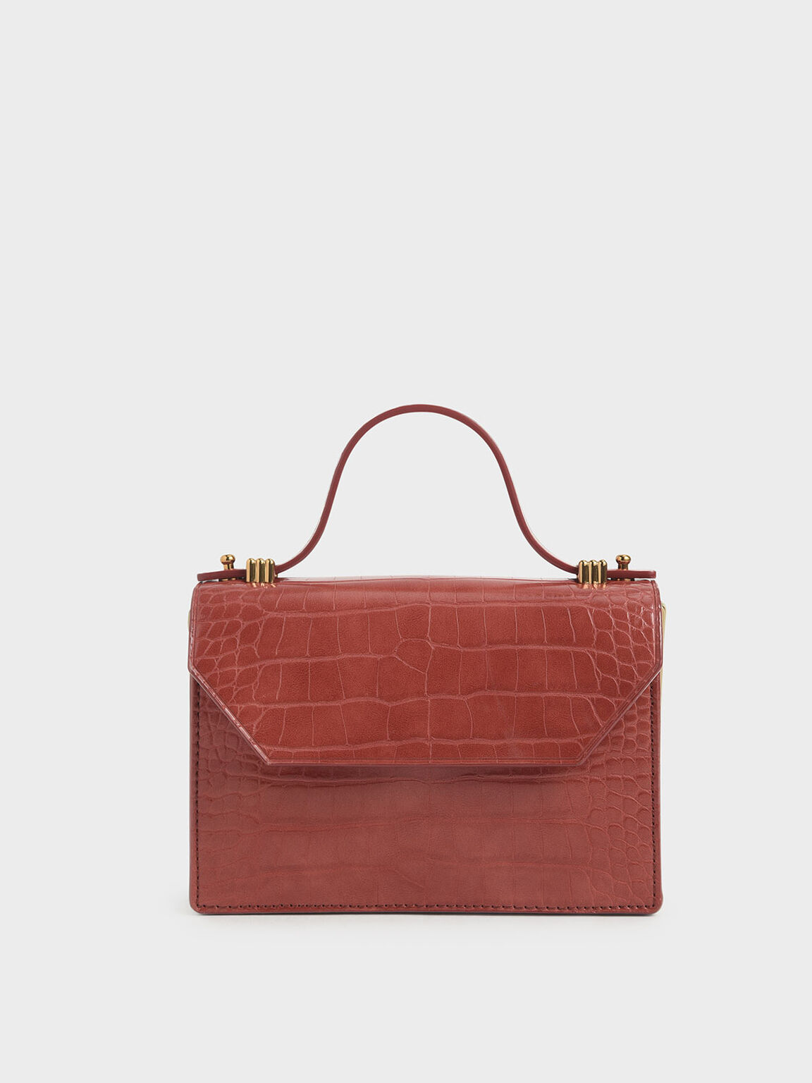 Croc-Effect Mini Top Handle Clutch, Clay, hi-res