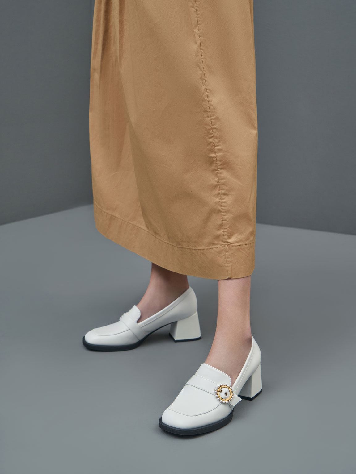Beaded Accent Loafer Pumps, White, hi-res