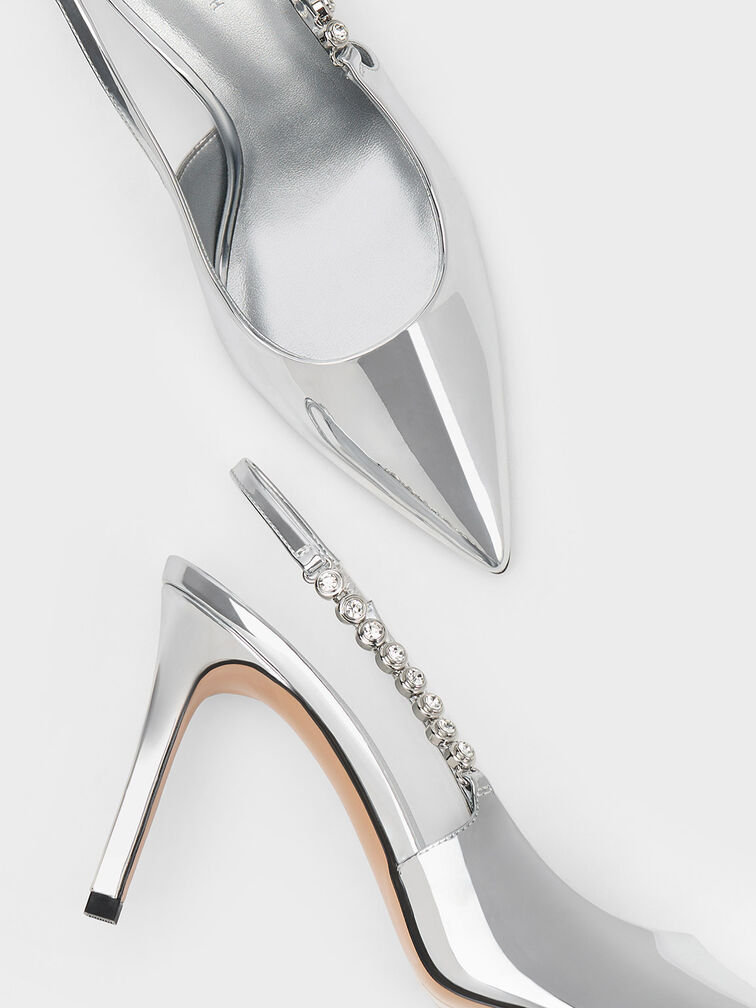 Flores Metallic Gem-Strap Slingback Pumps, Silver, hi-res