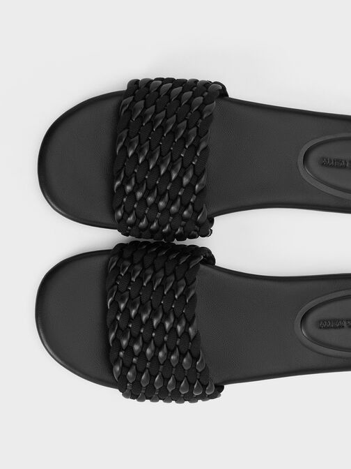 Woven Open-Toe Slides, Black, hi-res