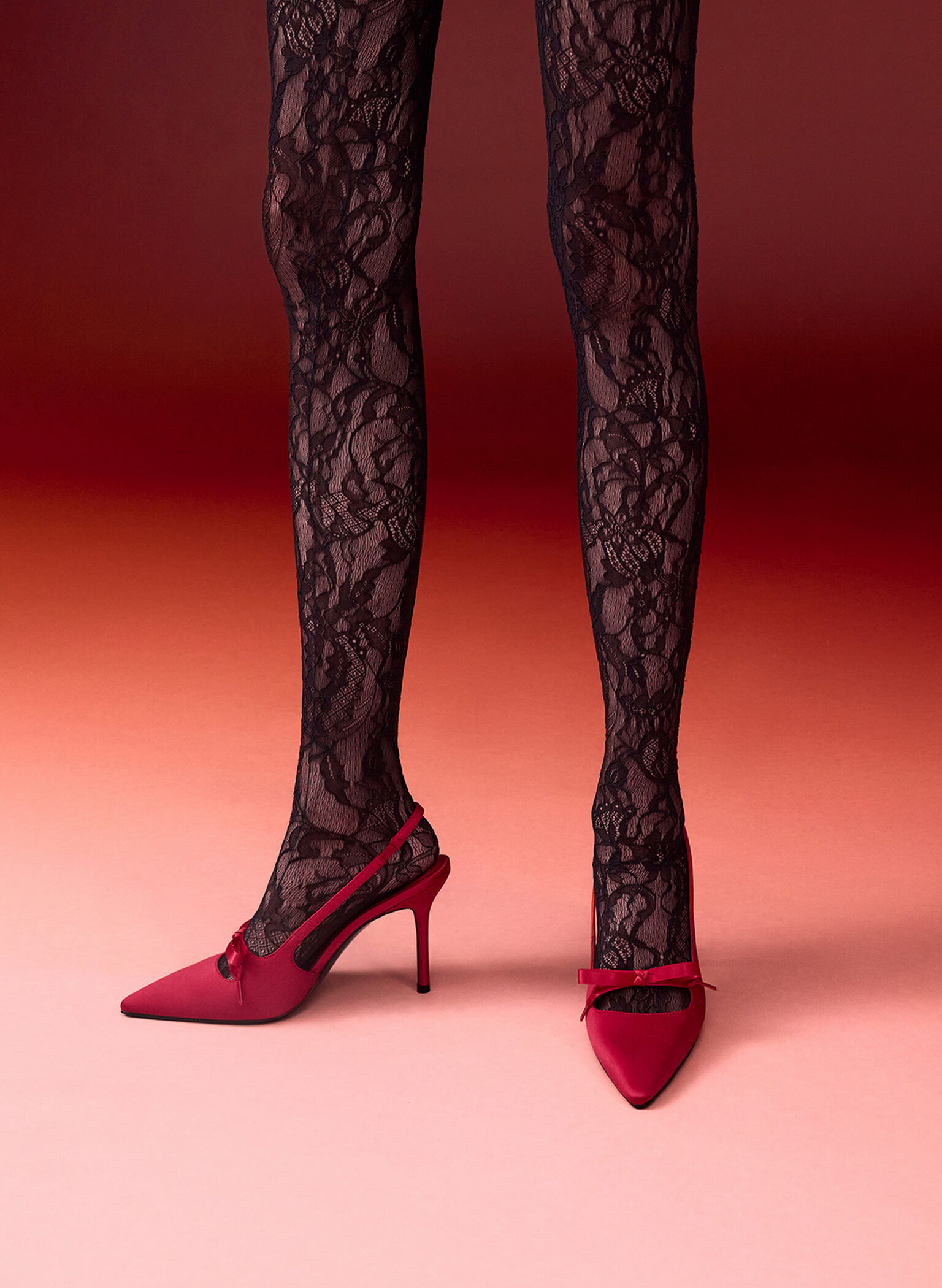 Satin Bow Pointed-Toe Slingback Pumps, Red, hi-res