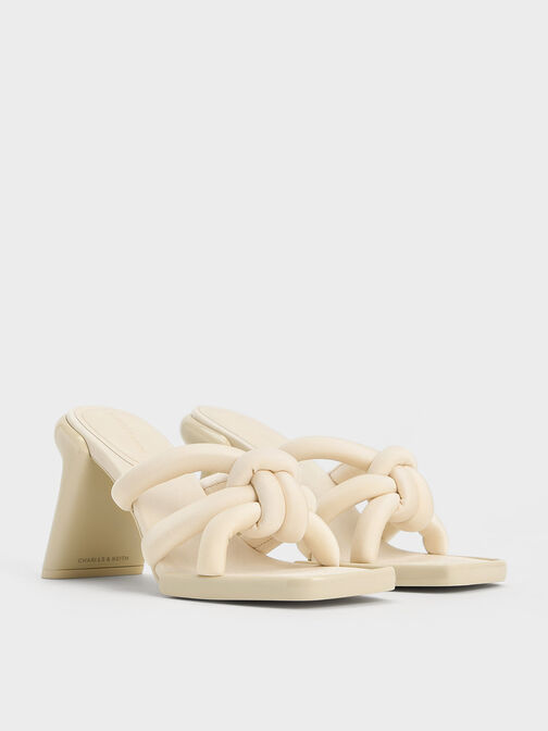 Toni Knotted Puffy-Strap Mules, Chalk, hi-res