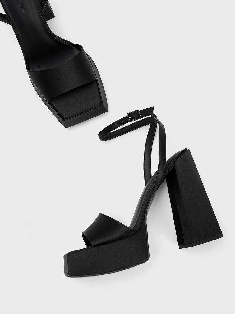 Recycled Polyester Ankle-Strap Platform Sandals, Black Textured, hi-res