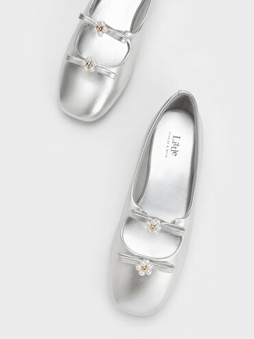 兒童珍珠小花平底鞋, 銀色, hi-res