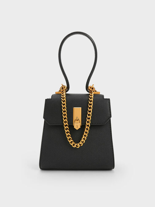 Locket Chain-Link Trapeze Bag, Black, hi-res