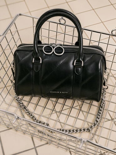 Bolso bowling con asa de cadena y paneles Philomena, Noir, hi-res