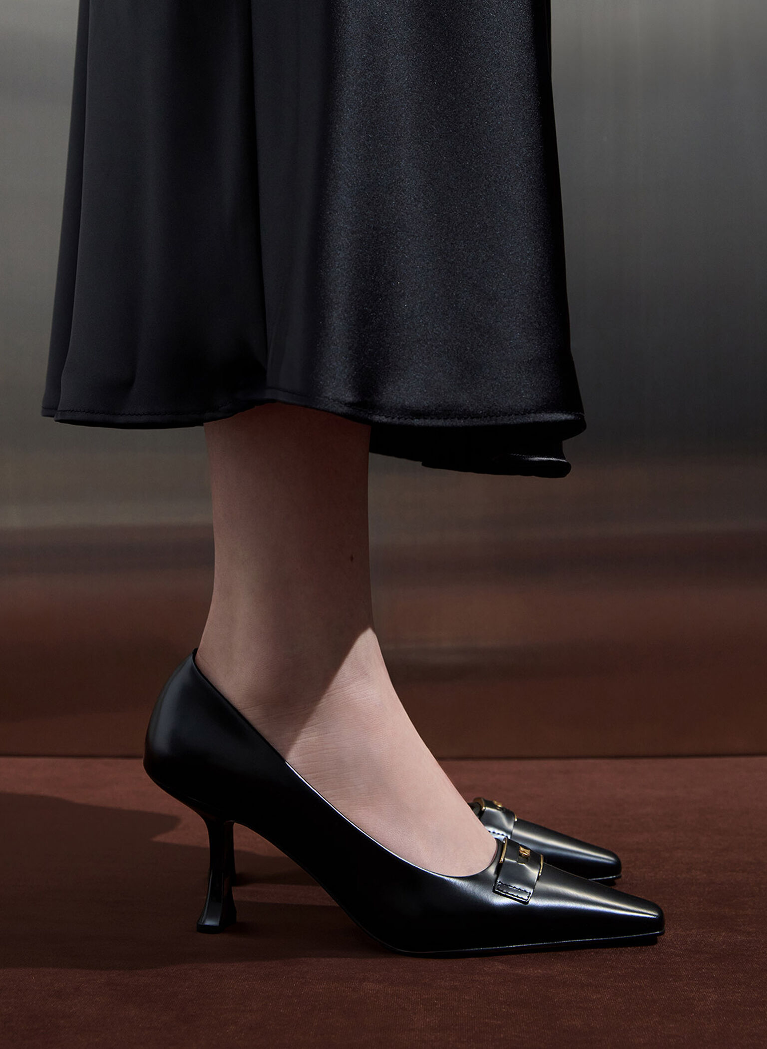 Leather Sculptural-Heel Square-Toe Pumps, Black Box, hi-res