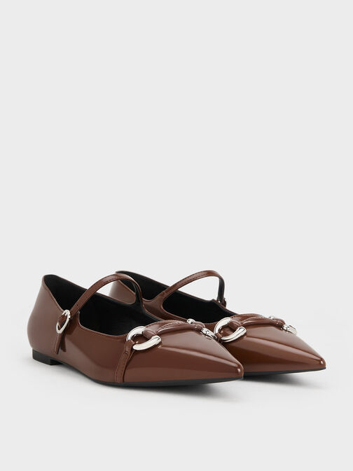 Metallic Accent Pointed-Toe Mary Janes, Dark Brown, hi-res