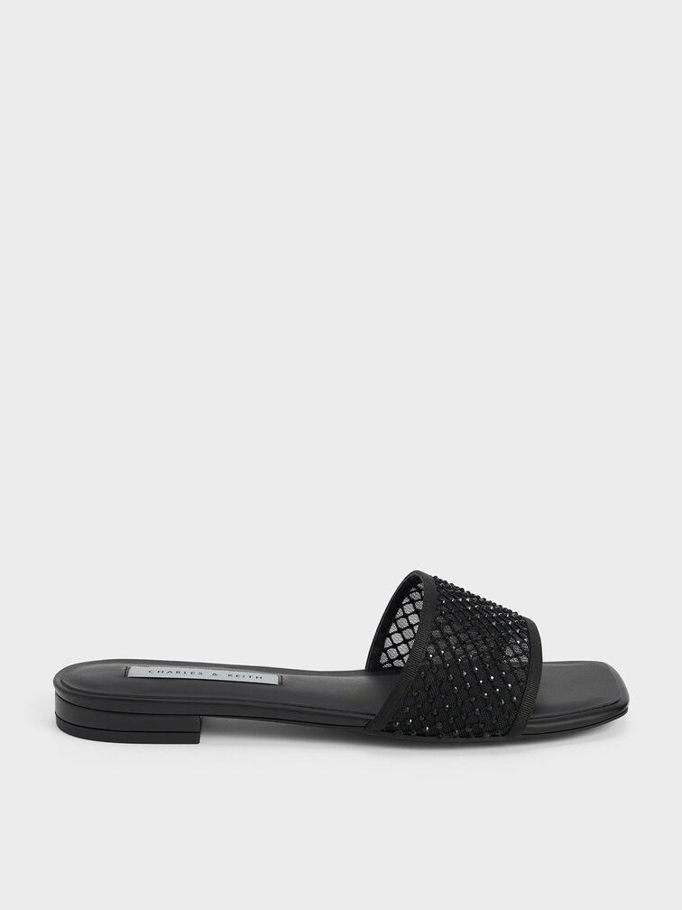 Gem-Encrusted Mesh Slide Sandals, Black, hi-res