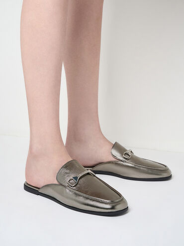 Leslie Metallic Mules, Pewter, hi-res