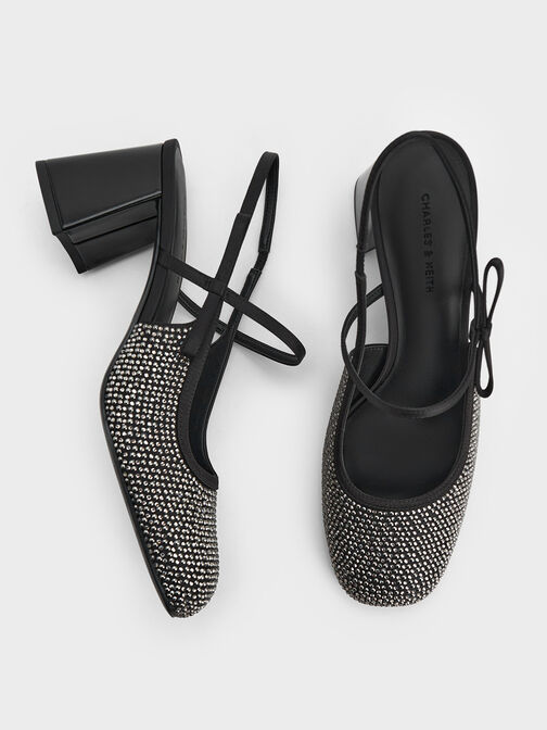 Merceditas de tacón slingback de satén con adornos de cristal, Negro texturizado, hi-res