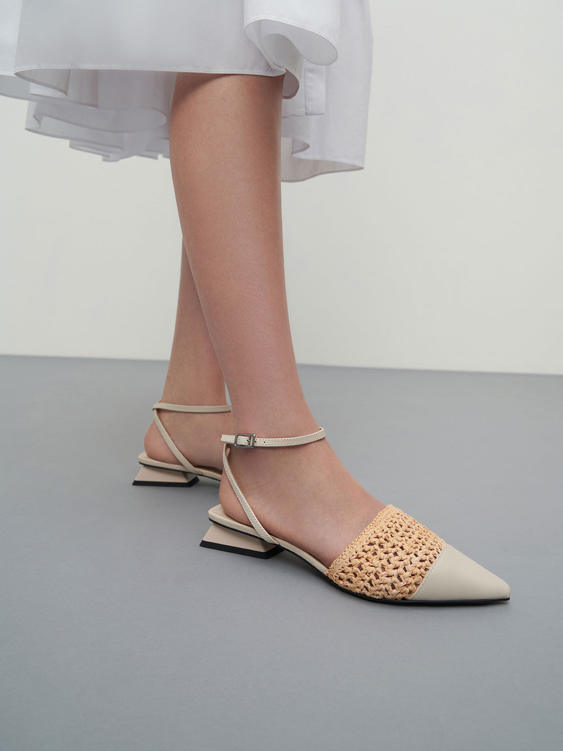 Leather & Raffia Ankle-Strap Pumps, Chalk, hi-res