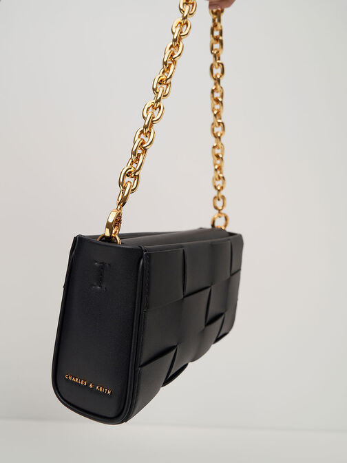 Woven Chain-Handle Bag, Black, hi-res