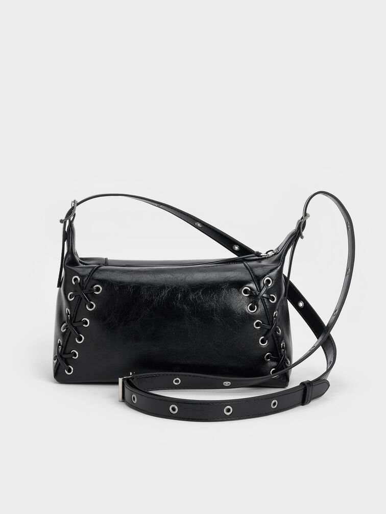 Xylia Grommet Lace-Up Shoulder Bag, Noir, hi-res