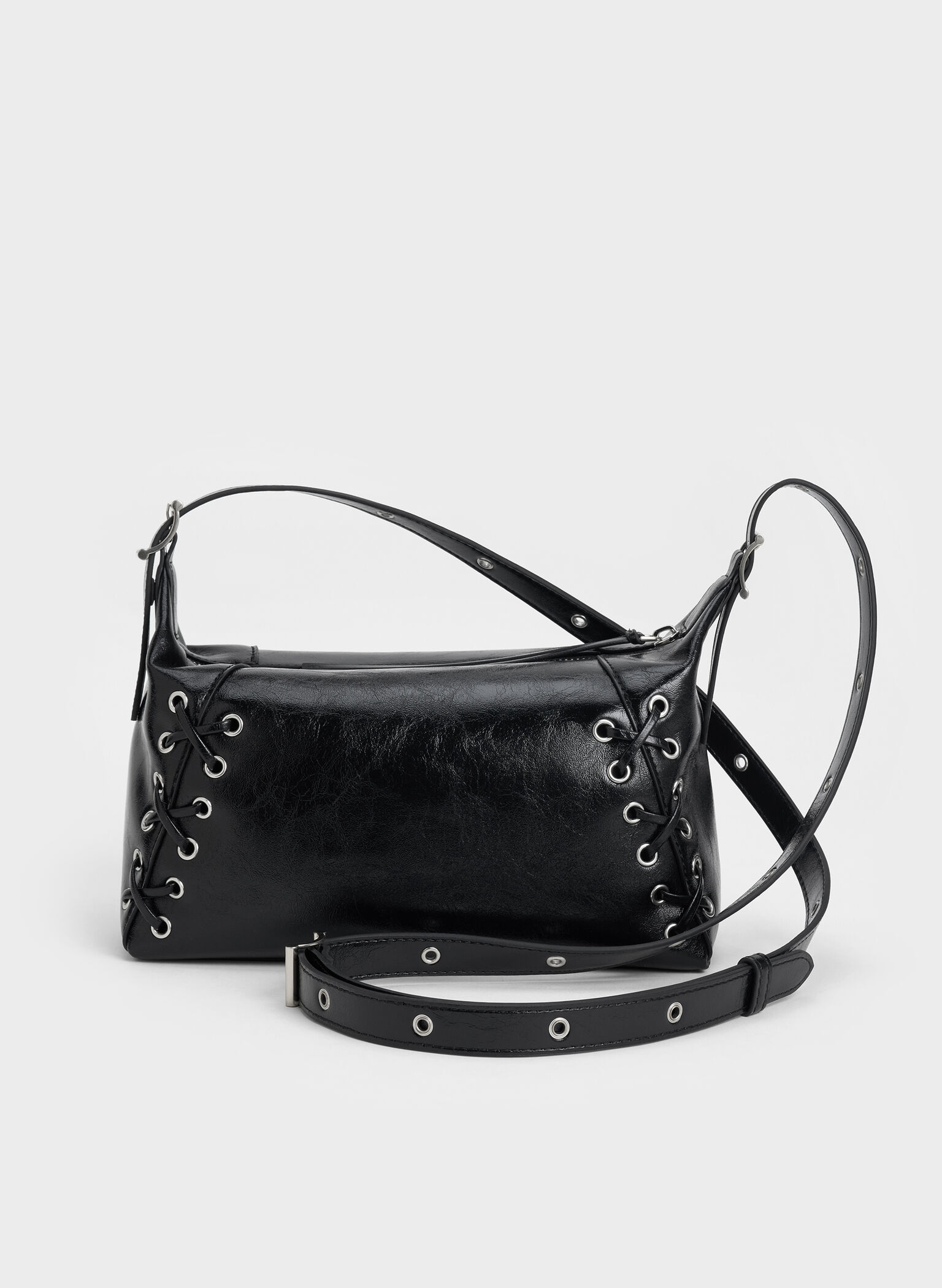 Bolso de hombro con cordones y ojales Xylia, Noir, hi-res