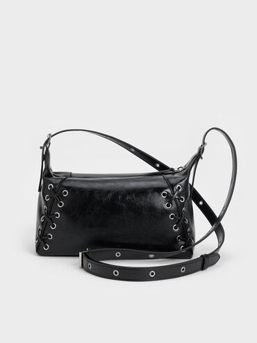Bolso de hombro con cordones y ojales Xylia, Noir, hi-res