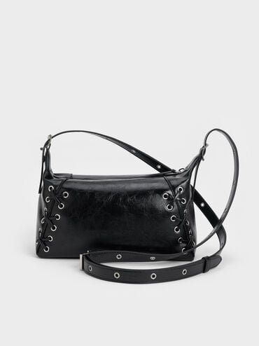Xylia Grommet Lace-Up Shoulder Bag, Noir, hi-res
