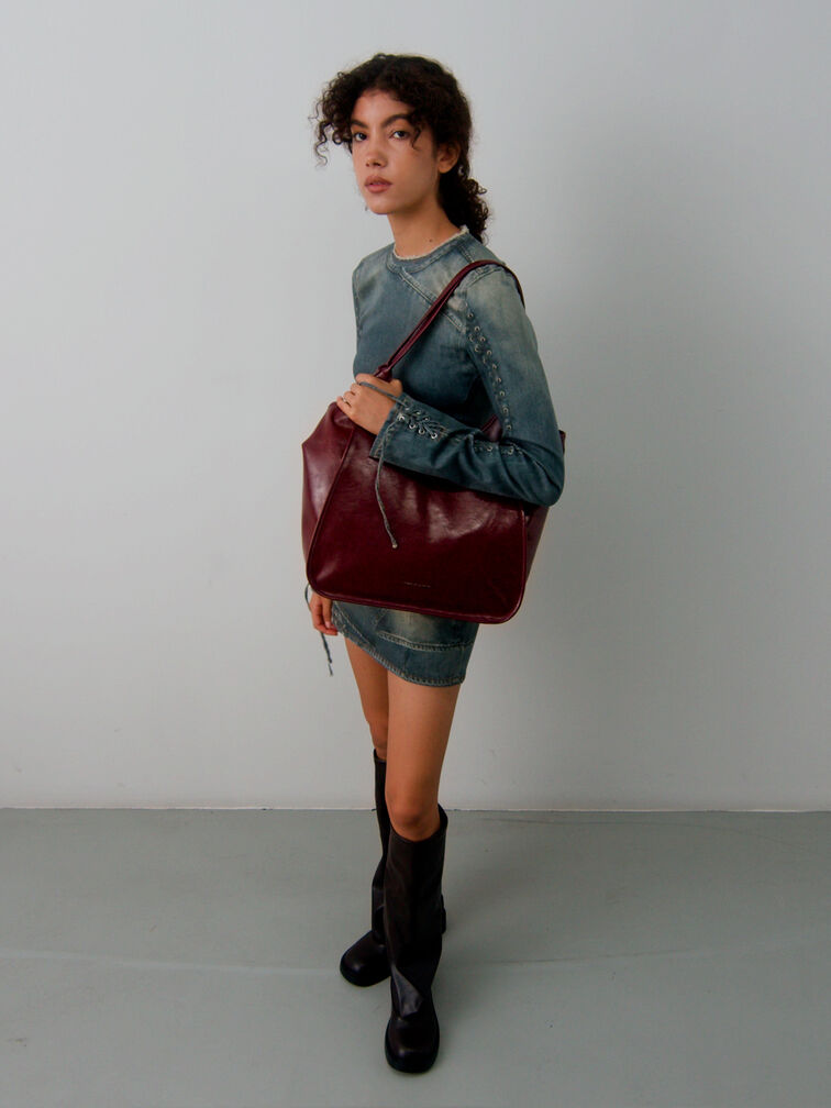 Sianna Crinkle-Effect Slouchy Tote Bag, Burgundy, hi-res