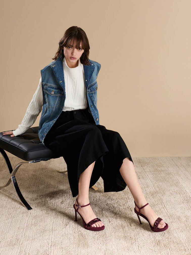 Sandalias de tacón de aguja con correa al tobillo y lentejuelas, Burdeos, hi-res