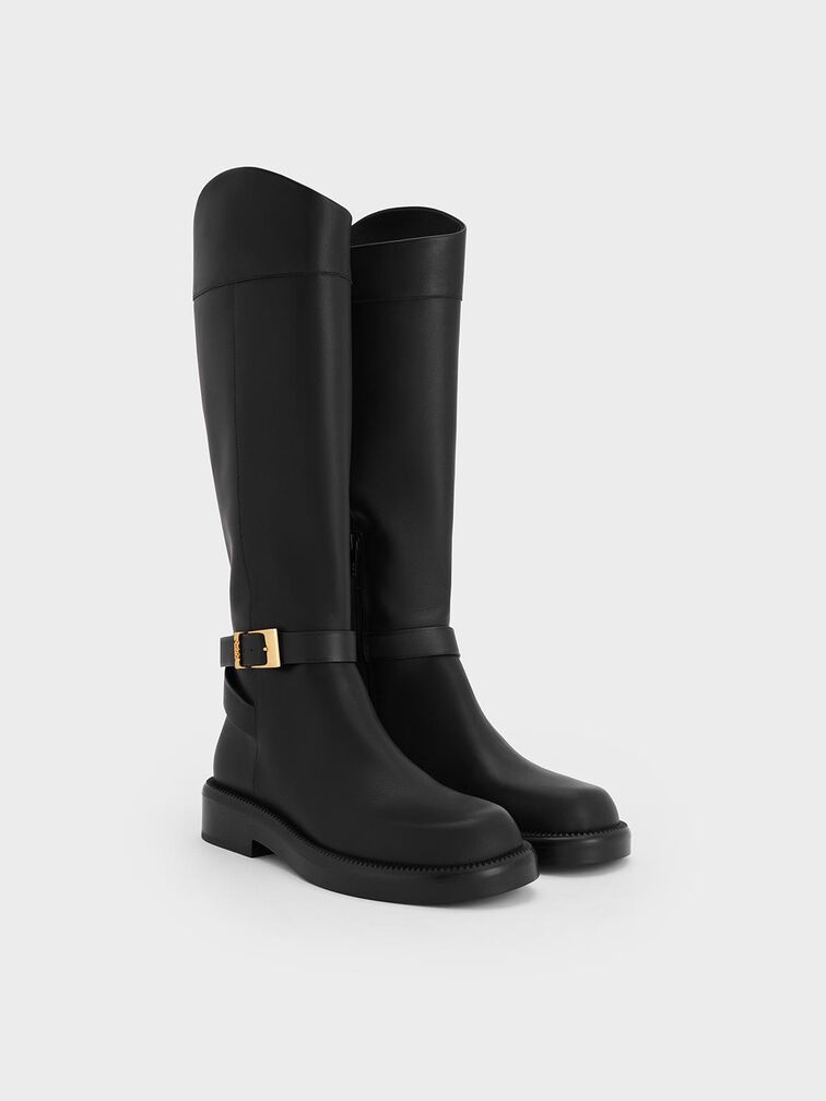 Botas altas de cuero con tira con hebilla, Negro, hi-res